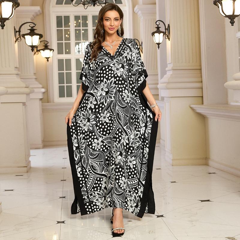 Women's Fashion Summer Spring Solid Color Print 1/2 Sleeves V-Neck Loose Waistline Casual Dresses