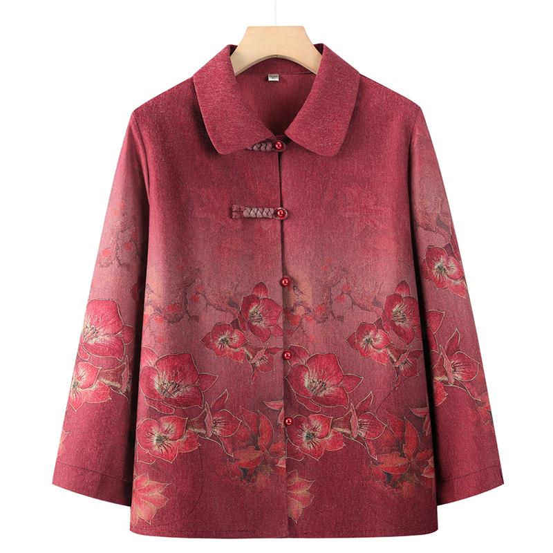 

Women s Grandma Lapel Frog Button Print Shirt - Spring/Autumn Thin Long Sleeve Coat for Moms and Elderly. 3XL (120-130 jin)