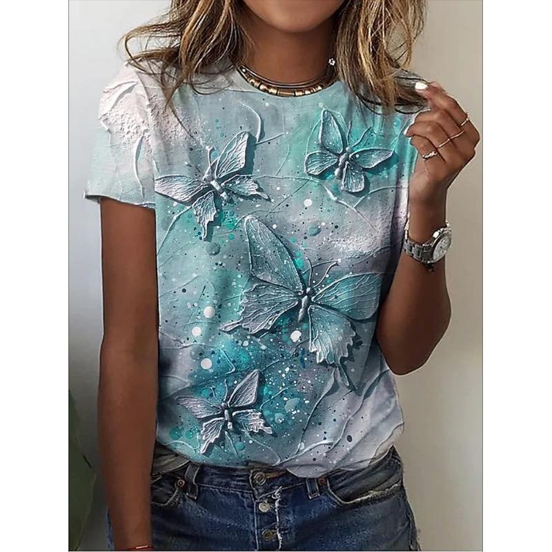 O-Neck 3d Butterfly Print T Shirt Women's T-shirt Summer Fashion Short Sleeve Tops Oversized Summer Top Female Clothing