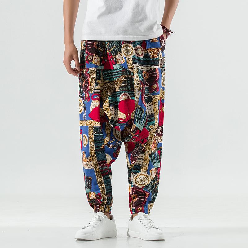2026 Spring Men's Chinese-Style Cotton Linen Harem Pants - Printed Hip Hop Trousers