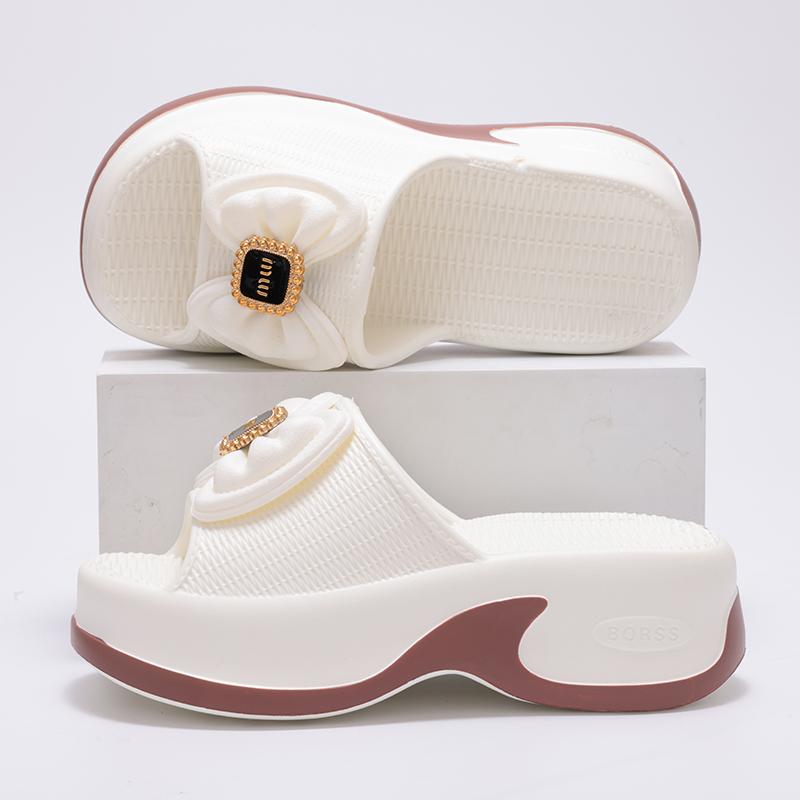 

Модные шлепанцы для женщин с улыбкой 6 см, с круглым носком и бантом, летние, новая мода, толстая подошва, EVA, универсальные, женские туфли на высоком каблуке 35-36