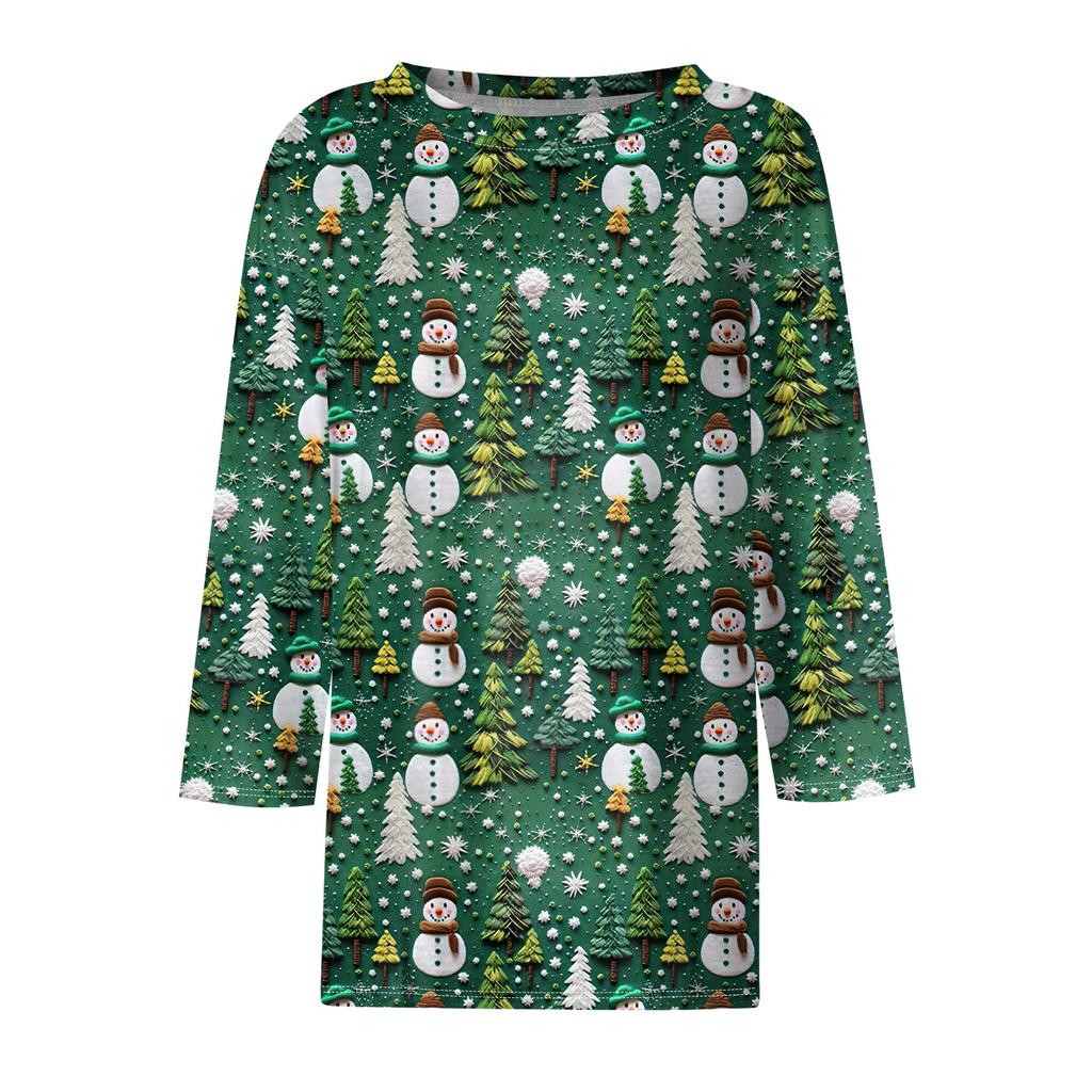 Dame Mote Casual Trekvartsermet Juleprintet Hals Topp