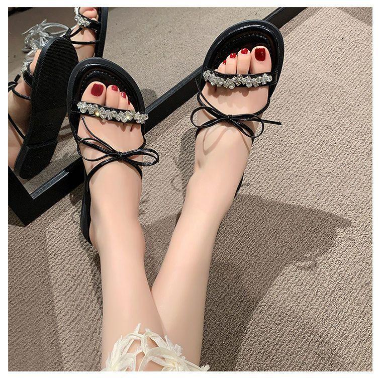 Rhinestone premium French small sandals one-word drag 2025 new summer wear fairy style bow slippers girl