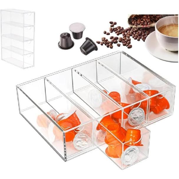 

Акриловый ящик для хранения кофейных капсул, 4 отделения, прозрачный акриловый настольный ящик для хранения кофейных капсул для офиса и кухни