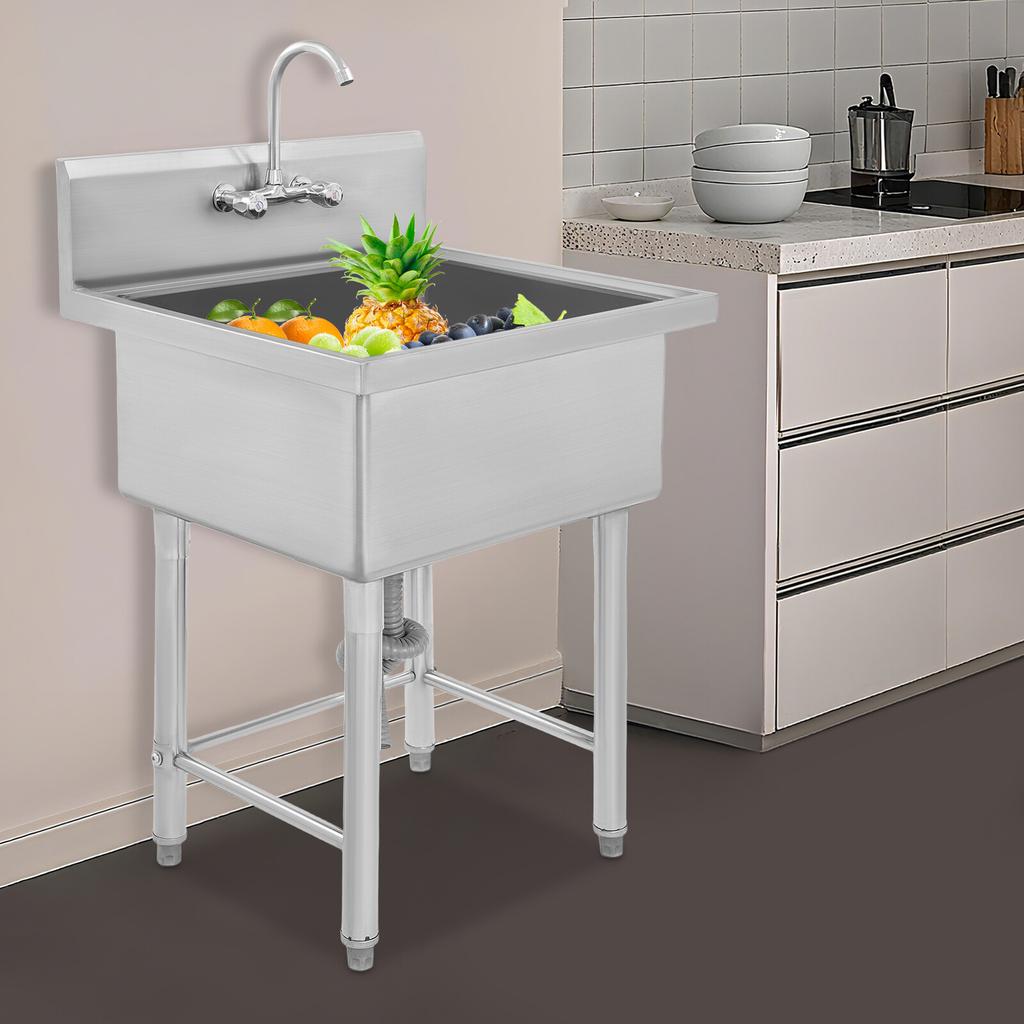 Single Basin Commercial Sink with Faucet, 304 Stainless Steel Freestanding Kitchen Sink, 27x24x40.5 In Bar Restaurant Prep Sink