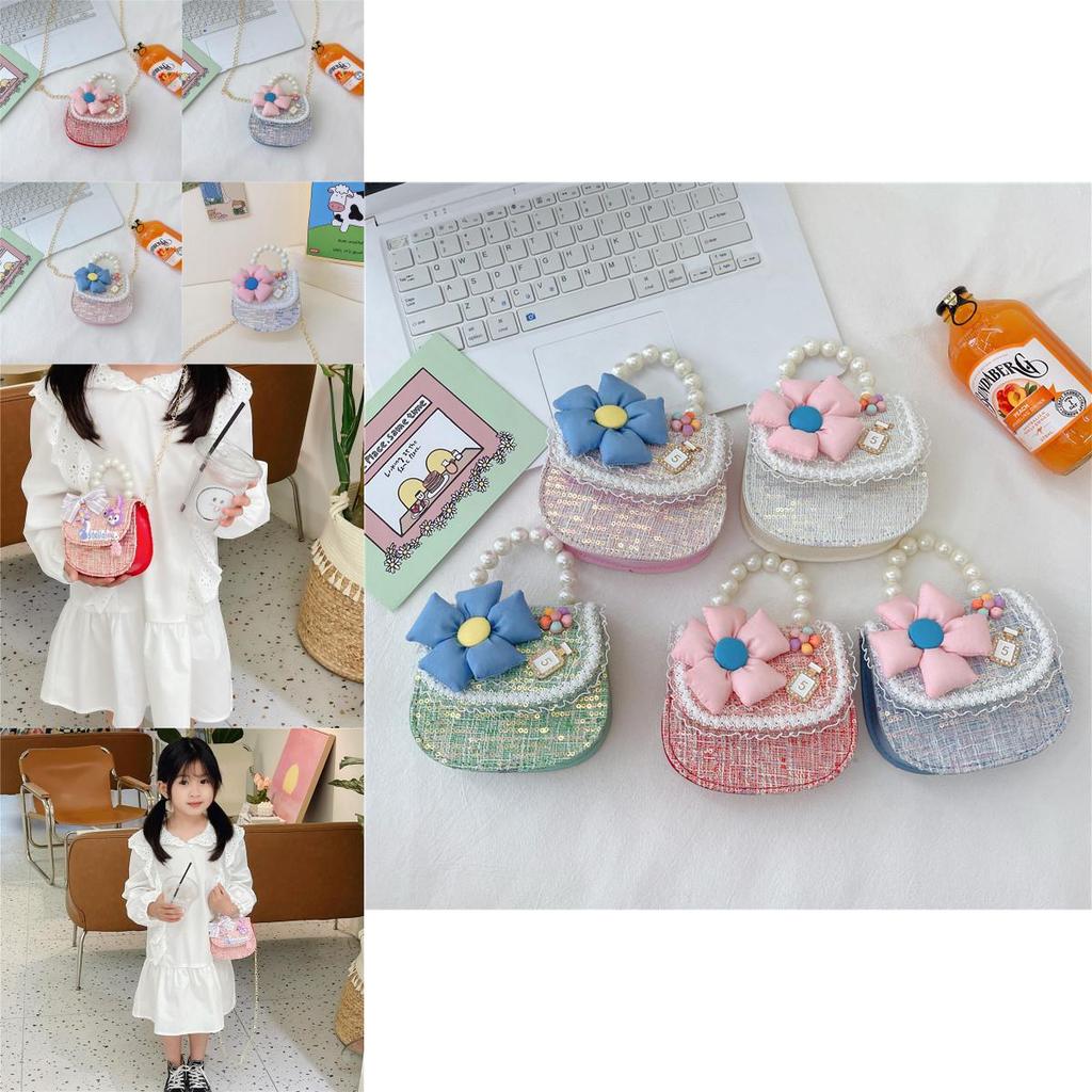 Adorable Pearl Handbag For Girls Sparkling Flower Sequin Shoulder Bag Kids Crossbody Spring Summer 2023