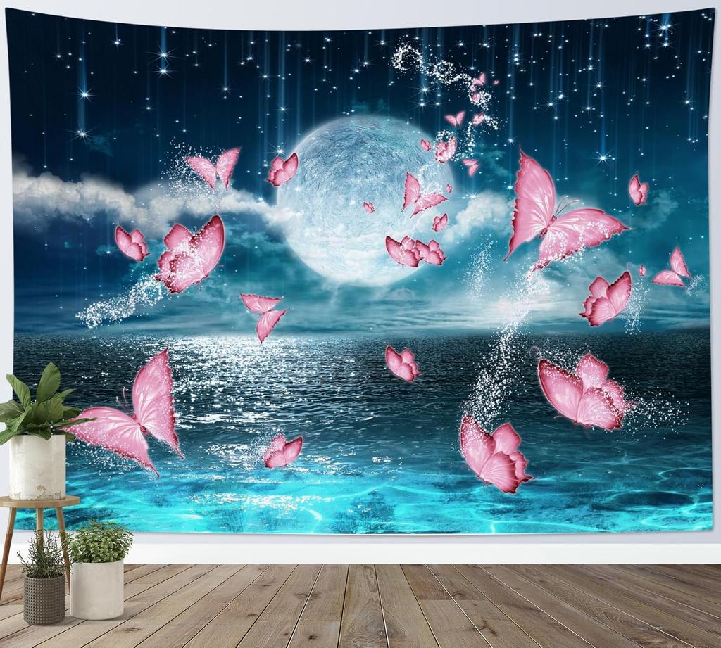 Moon Over Ocean Tapestry Full Moon Night Sky with Cherry Blossom Tree Wall Tapestry for Bedroom Cloud Pink Floral Wall Hanging