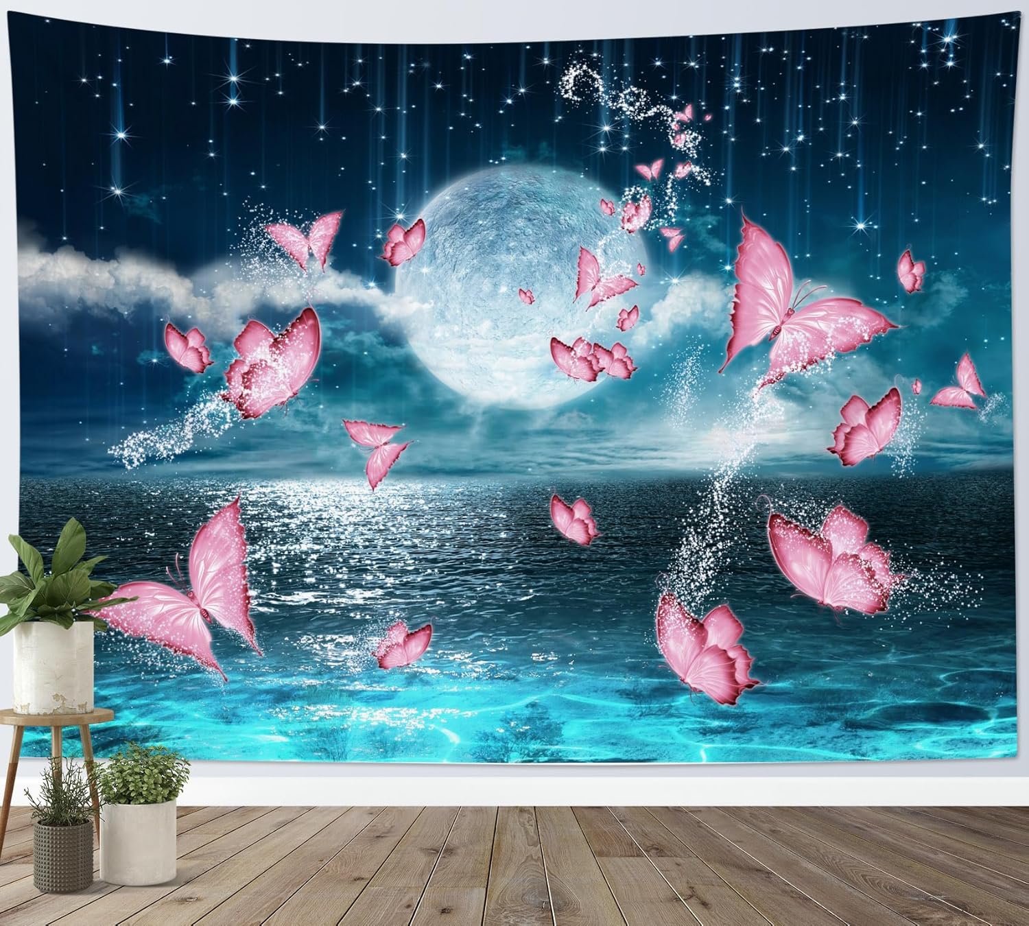 

Moon Over Ocean Tapestry Full Moon Night Sky with Cherry Blossom Tree Wall Tapestry for Bedroom Cloud Pink Floral Wall Hanging 74x94cm(29x37in)