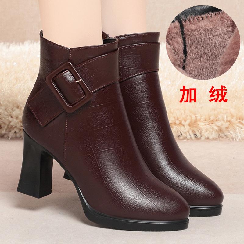 thick-soled high-heeled short boots for women's autumn and winter new short women's boots waterproof table thick-heeled women's leather boots