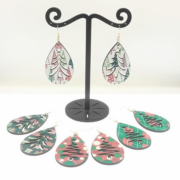 Christmas Tree Teardrop Wooden Leather Earrings