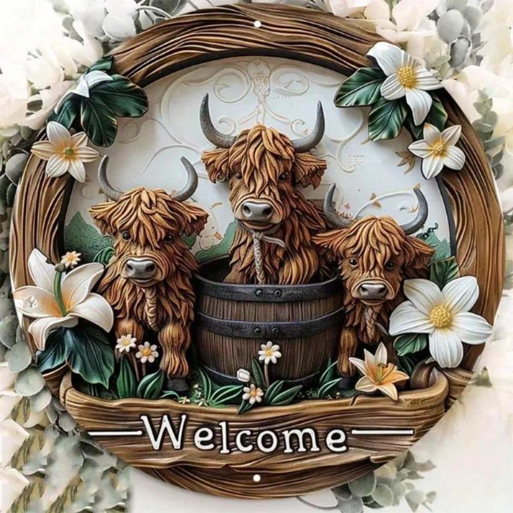 Metal Tin Sign Highland Cow Lily Flower Art 8x8 Inch Aluminum Vintage Poster Indoor Outdoor Wall Decor UV Coated