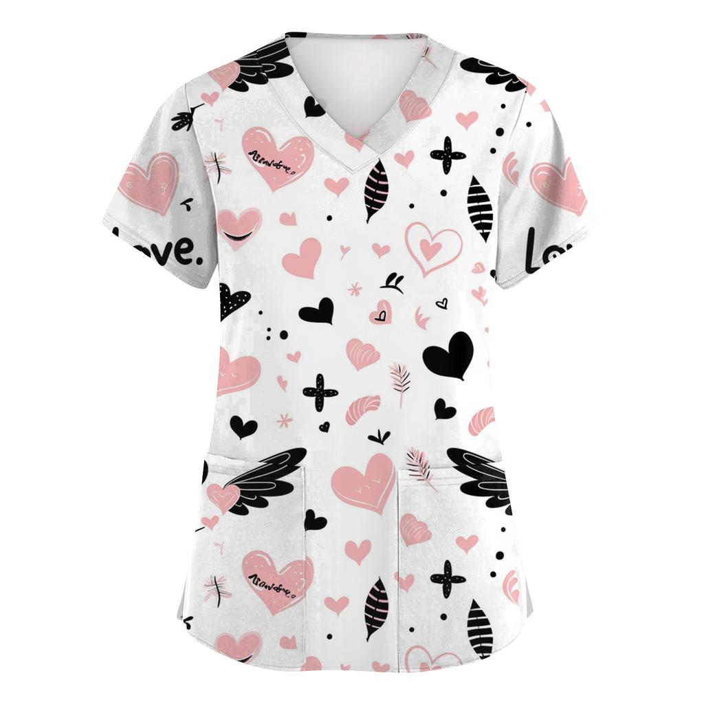 Women V Neck Printed Scrub Top with Heart Pattern Short Sleeve Uniform Top for Veterinary