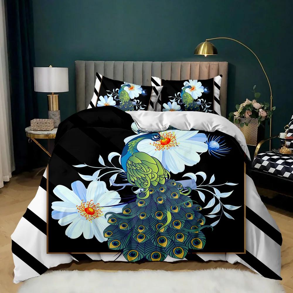 Påfugn Dynetrekksett Elegant Nydelig Blå Fjær Dynetrekk Jenter Kvinner Rosa Blomst Fugler Dyr Polyester Dyne Trekk