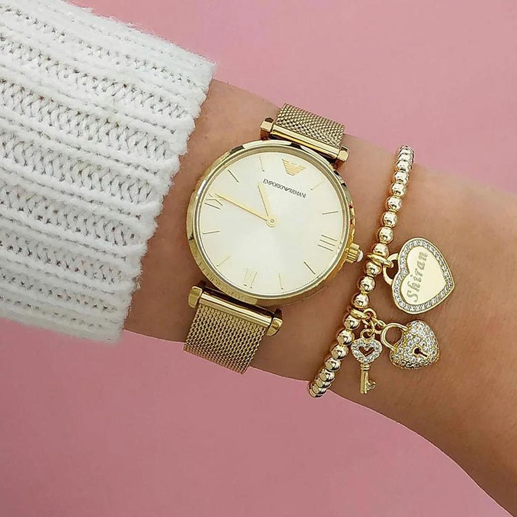 Emporio Armani AR1957 Retro Gold Dial Gold Mesh armbåndklokke for kvinner