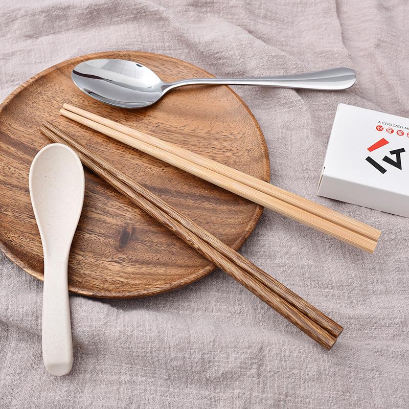 Gift Box: Natural Chicken Wing Wood Chopsticks & Spoon Set (Unpainted & Wax-Free)