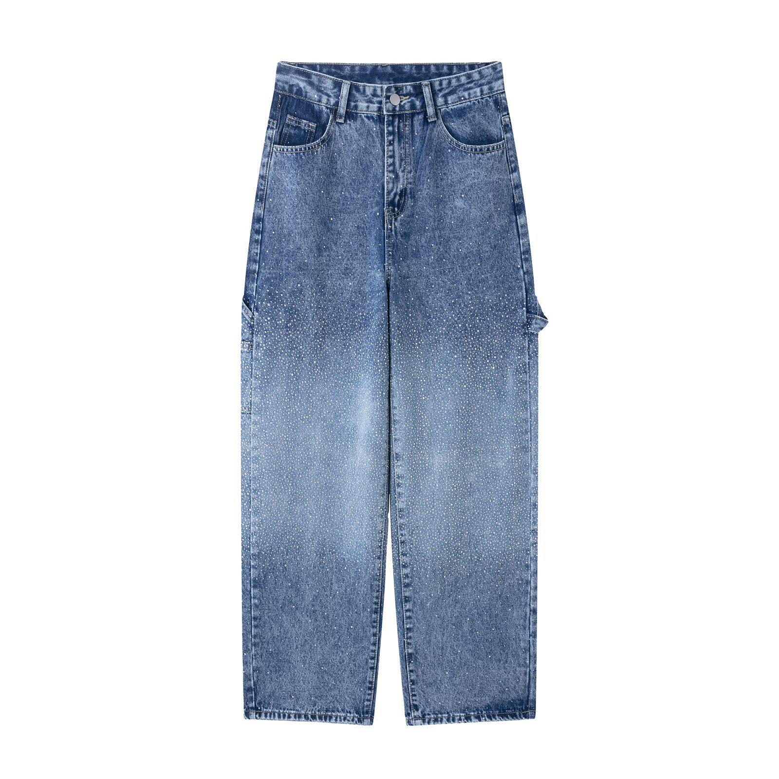 

2025 Spring Women s Rhinestone High-Waisted Slimming Loose Jeans Small синій