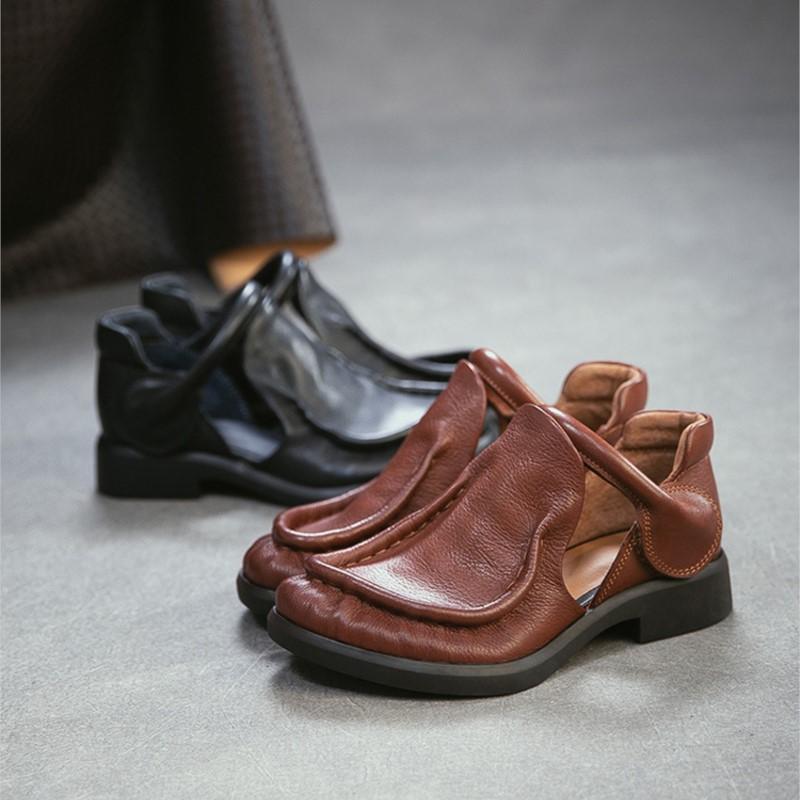 Johnature Sandales de Ville en Cuir Véritable Rétro Polyvalentes Peau de Vache Bout Rond Petit Talon Chaussures pour Femmes
