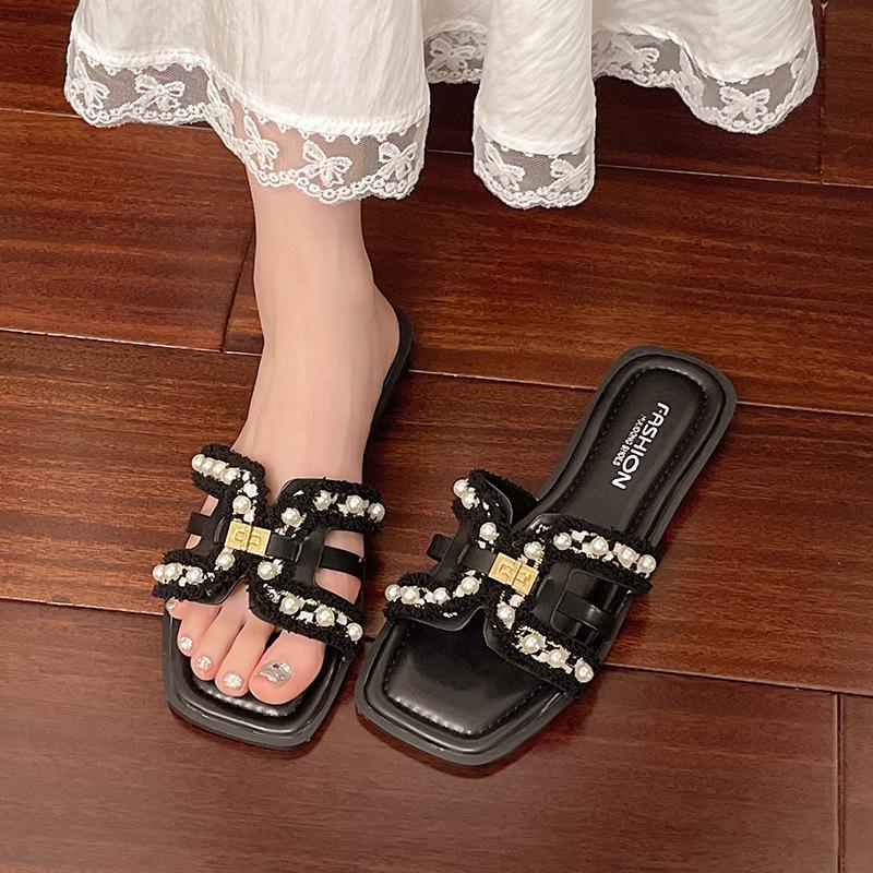 

New pearl beach 2025 drag summer flat slippers women s wear soft bottom versatile H sandals 40 чёрный