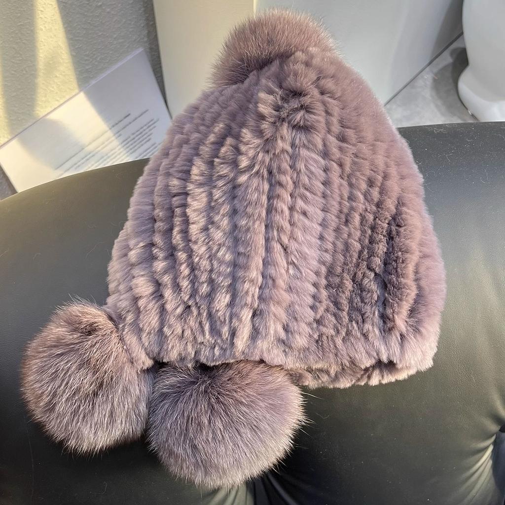 Girl Cute Real Rex Rabbit Fur Hat Big Fox Hairball Head Hat Thickened Warm Ear Hat Winter