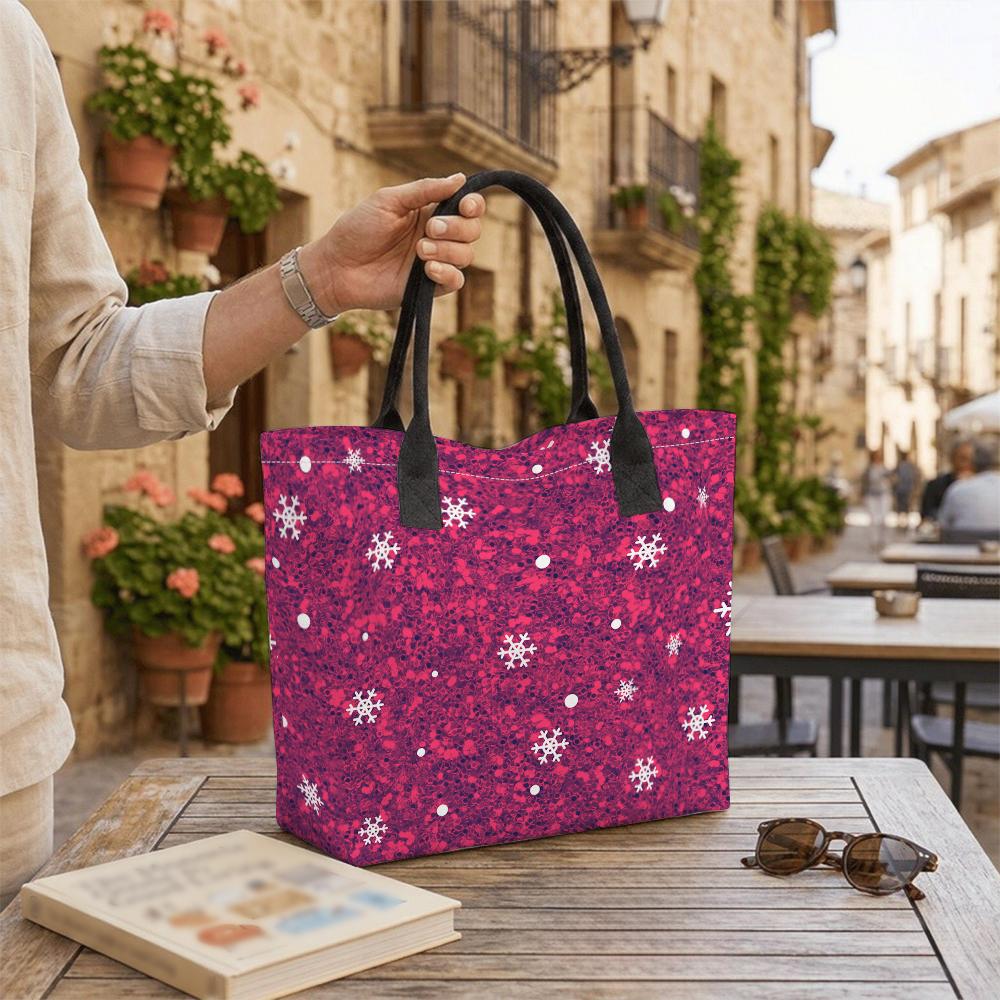 Pink Snowflake Print Tote Bag Casual Large Capacity Shoulder Handbag for Daily Use