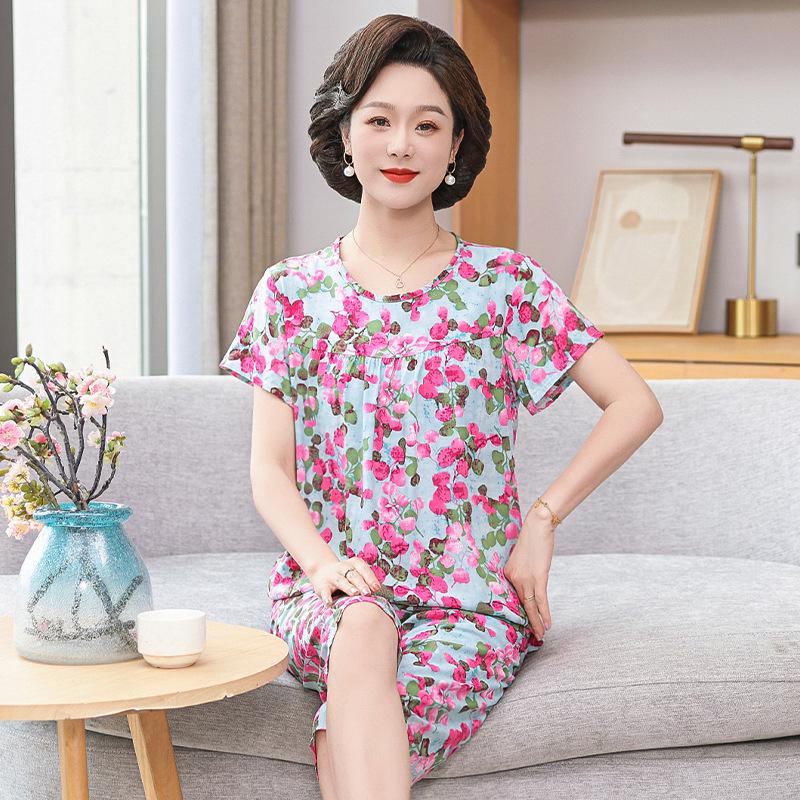 Pijamas de seda y algodón de verano para mujer: Conjunto holgado de dos piezas de manga corta para personas de mediana edad y mayores, talla grande, ideal para exteriores.
