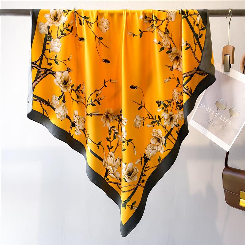 Headscarf Printed Twill Silk Large Square Scarf Small Fragrant Silk Scarf Women'S Anti-Sun Scarf Decorative Scarf Shawl 90Cm