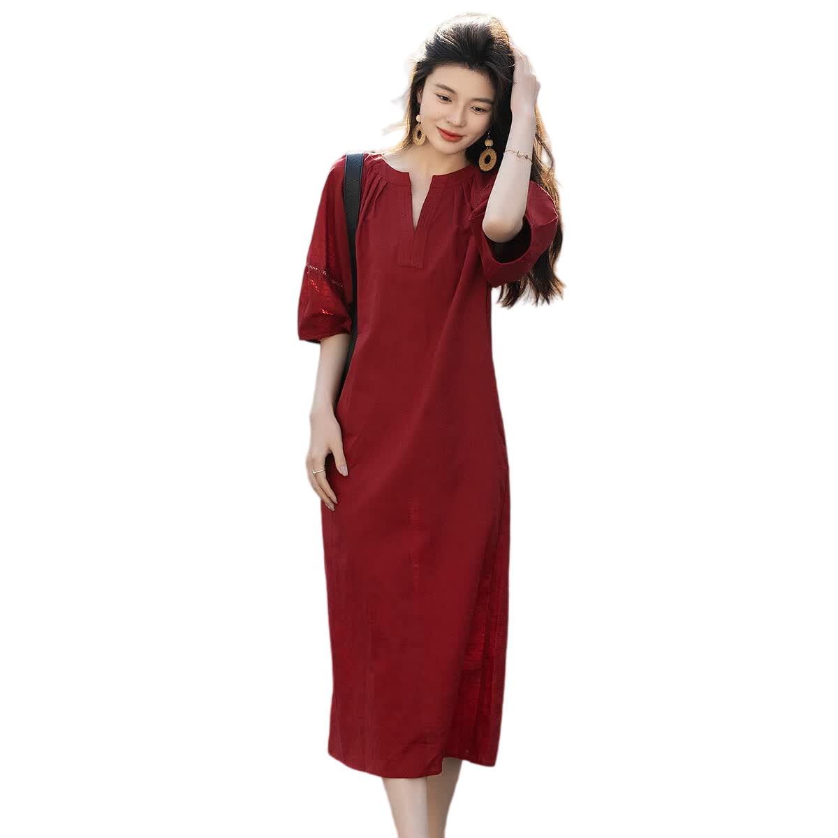 

Dme Summer Smooth Linen Cotton Bamboo Jersey Round Neck Loose Straight Dress S червоний