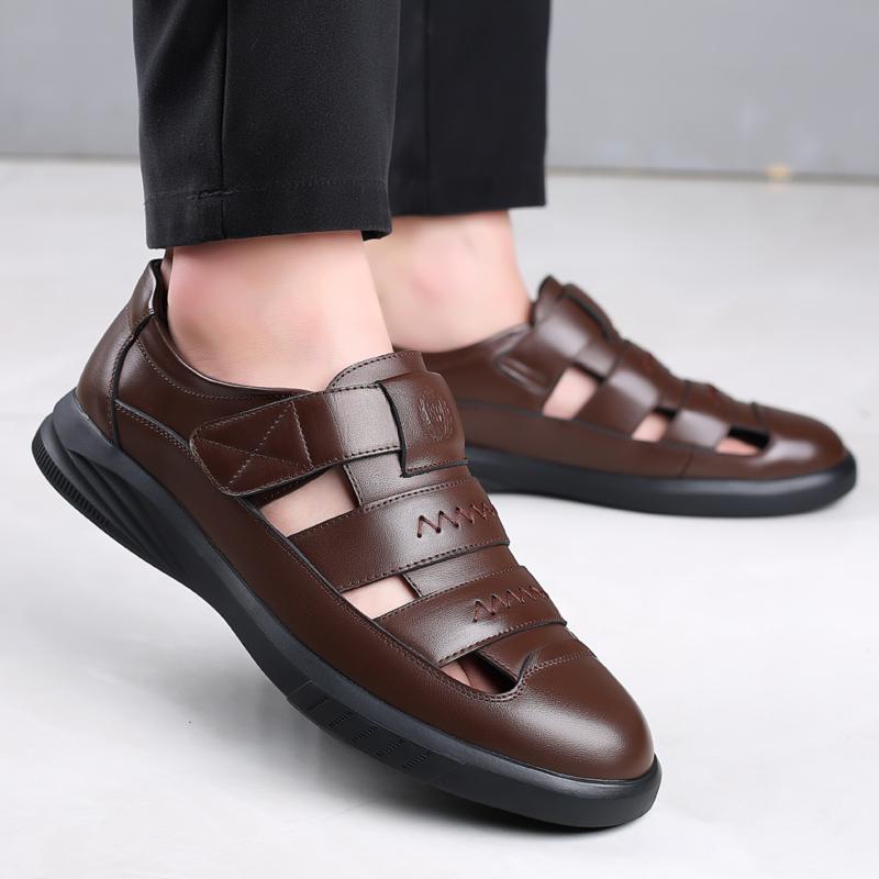 Fashion Summer Black Cowhide Business Sandals Classic Roman Handmade Sandals Outdoor Sneaker Platform Men Water Trekking Beach Sandals