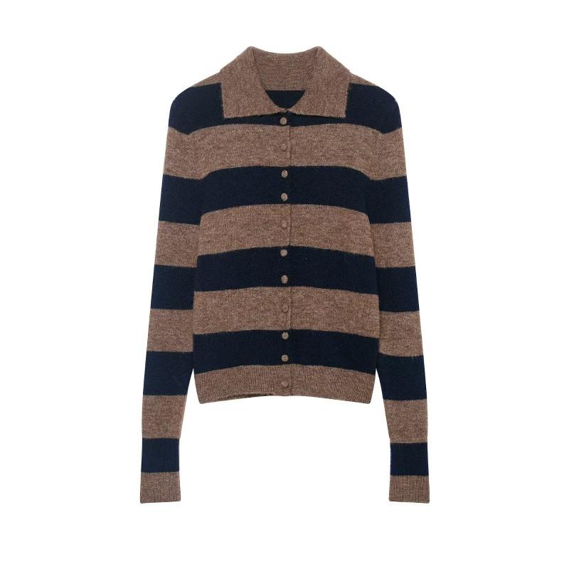 Womens Striped Knit Cardigan Slim Fit Turn-Down Collar Fashion Versatile Outerwear