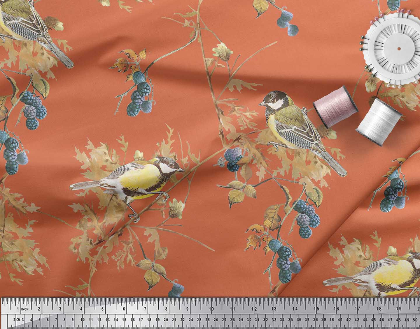 

Тканина Soimoi Black Poly Crepe Fabric Black Berry & Yellow Sparrow Bird Print Тканина у дворі 42 дюйма 42 Inch Wide - Poly Crepe помаранчевий