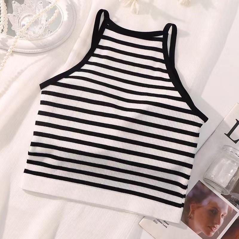 Korean Version Women Tank Tops Thread Solid Casual Fashion Crop Top with Chest Pad Stripe Sleeveless Outer Wear Basic Camisole