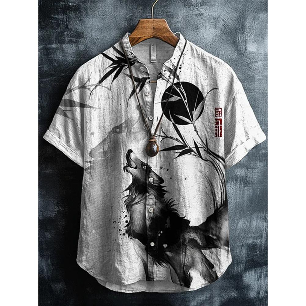 2026 New Men s Short-Sleeve Shirt with Ink Painting Wolf and Bamboo Print, Casual Collared Cardigan, Retro Trendy Men s Top S