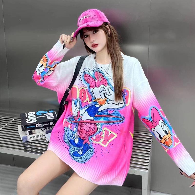 Women's Rhinestone Cartoon Print Long Sleeve Sweater - Autumn/Winter 2026 Fashion Casual Knitwear