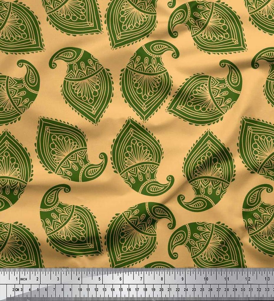 Soimoi Blue Japan Crepe Satin Fabric Green Paisley Printed Craft Fabric by the metre 42 Inch