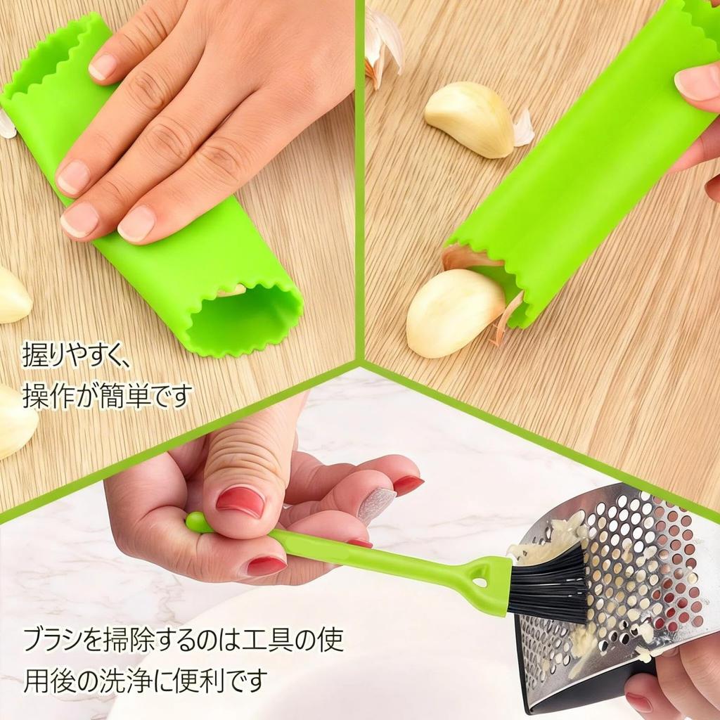 Kasanidika Garlic Press Stainless Steel Dual Function Garlic Crusher with Peeler and Brush Operation For Fine Mincing Garlic Home Kitchen Utensil