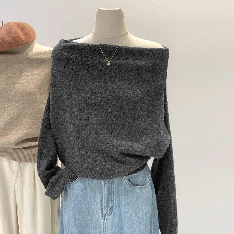 Women's French One-Shoulder Knit Top - Autumn/Winter 2024 Slim Off-Shoulder Sweater