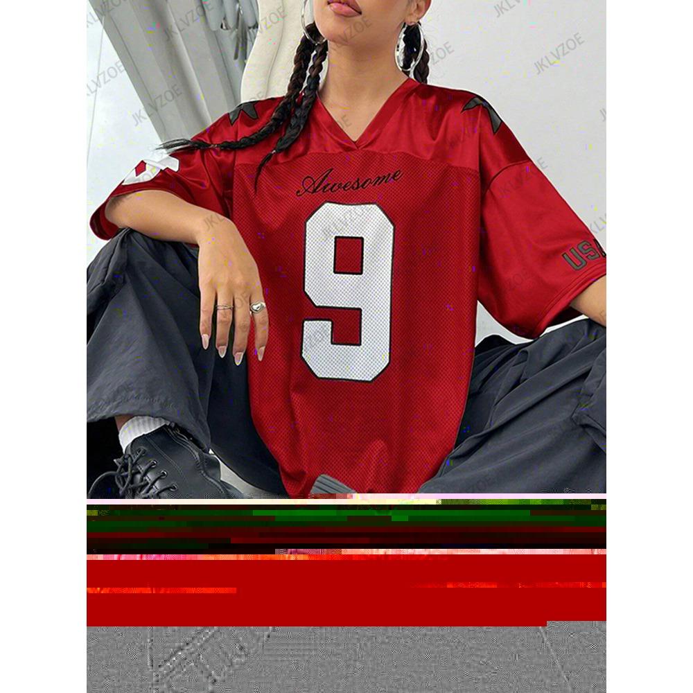 Women's V-neck Short-sleeve T-shirt, Retro Red Spliced Printed Summer Top, Loose Plus-size Y2K Style Sports Football Jersey