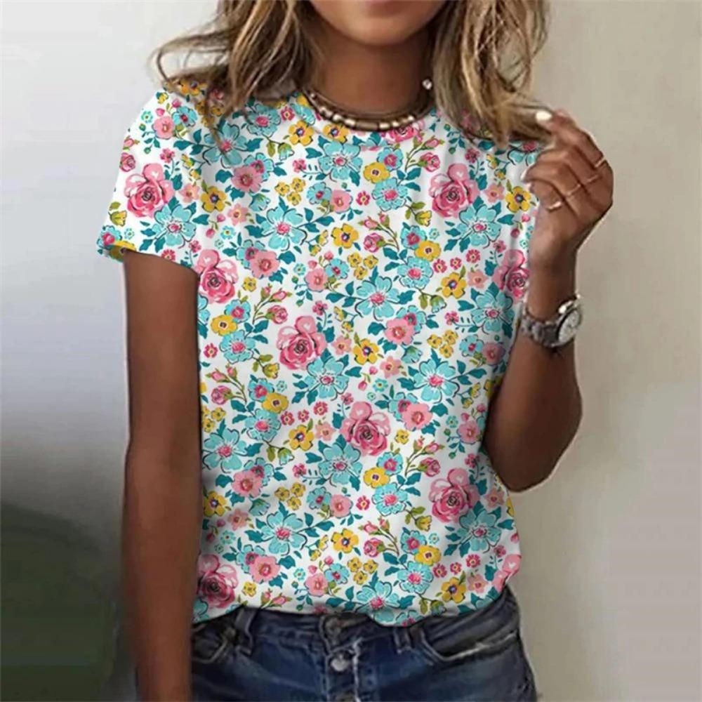 Fashion 3D printed flower T-shirt for women summer round neck short sleeved shirt