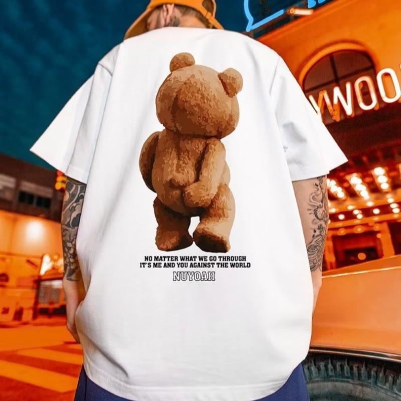 

2026 Summer Fashion Retro Teddy Bear Pattern Mens TShirt Round Neck LooseFitting Breathable Mens Short Sleeve 3XL