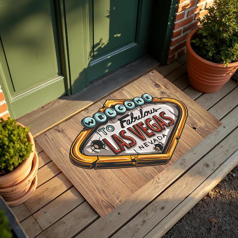 Welcome Door Mat Rug Carpet Las Vegas Neon Sign Wooden Texture Home Decoration for Entryway Patio Welcome Mat Home Floor Mat