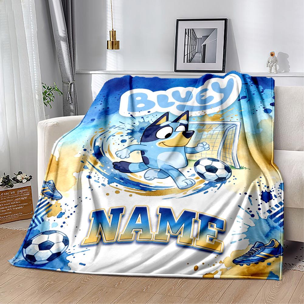 Bluey's Soccer Fun Personalized Name Blanket Cozy Customizable Blanket Ultra-Soft Versatile for Home Decor Chair Office Livingroom for All Occasions
