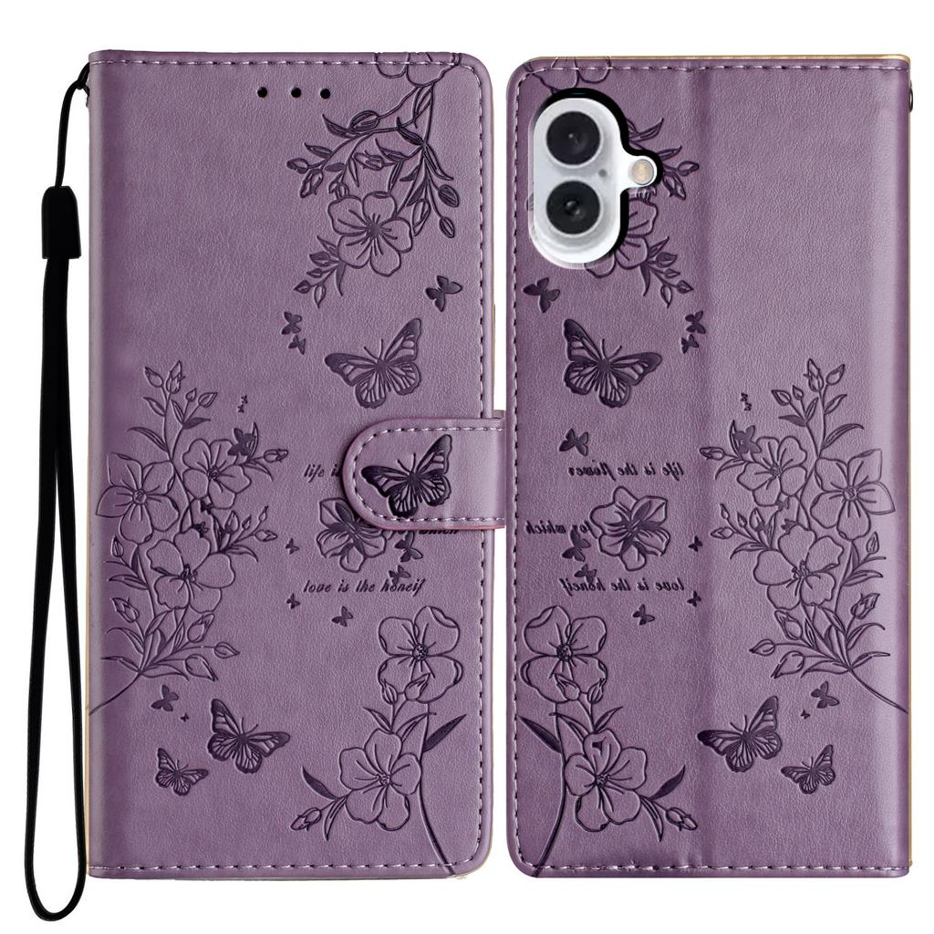 For iPhone 17 Wallet Phone Case Butterfly Floral Imprint Leather Flip Cover with Strap