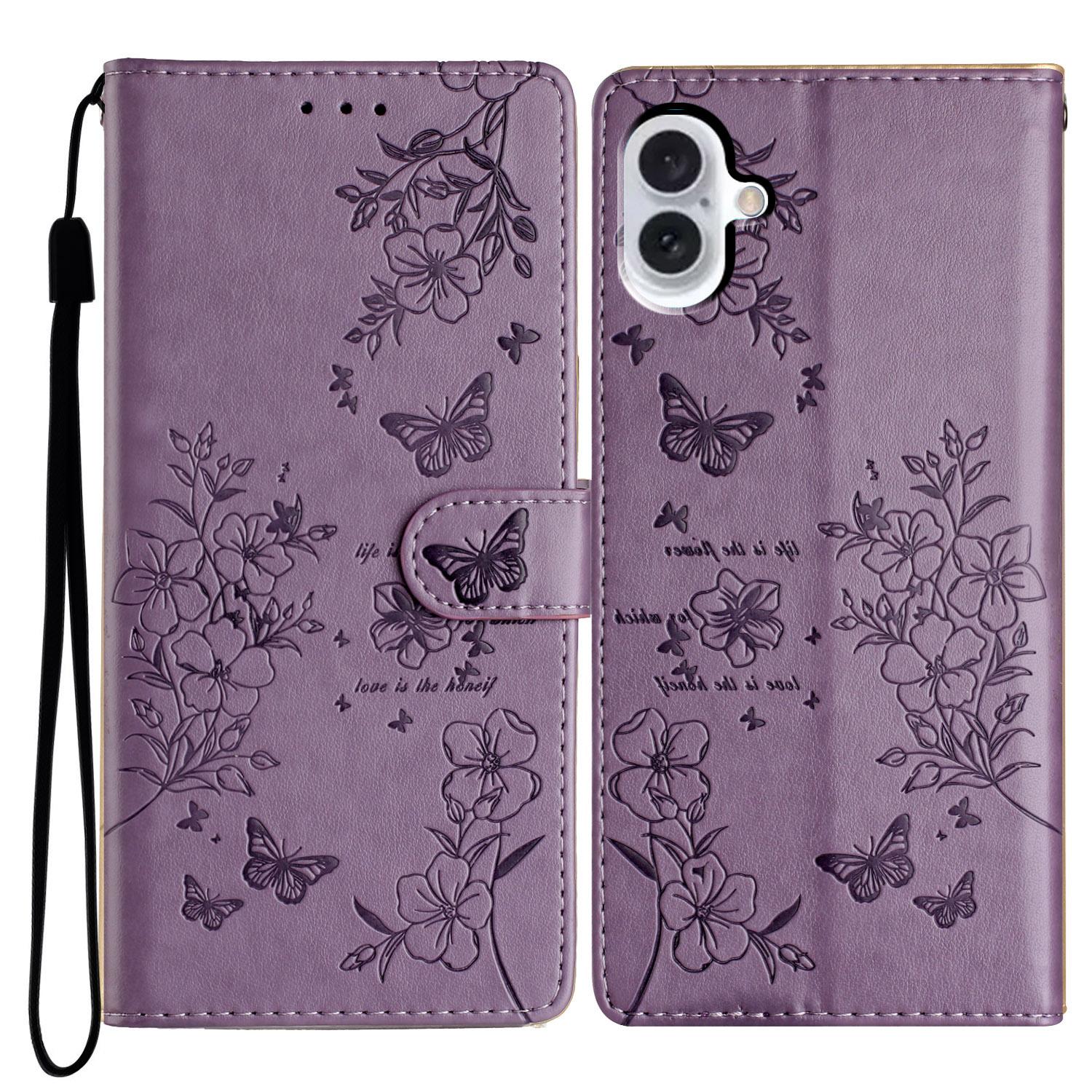 For iPhone 16 Plus Case Butterfly Flower Imprint Wallet Leather Phone Cover with Stand E