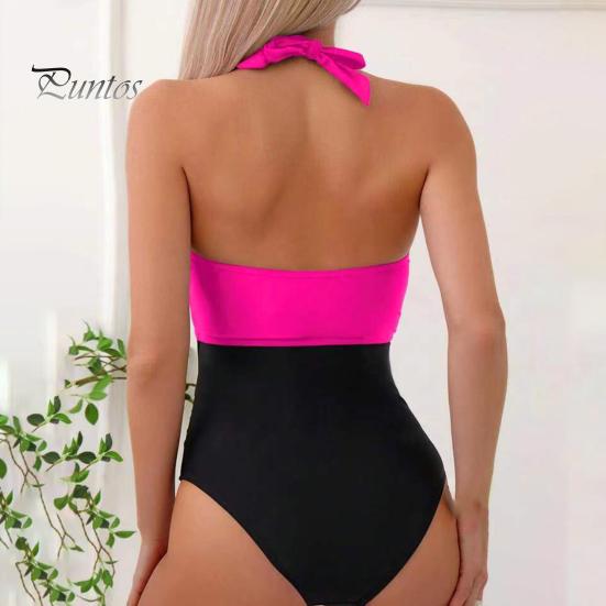 Women Sexy Summer Monokini Halter Deep V-Neck One-piece Swimsuit Patchwork Color Bowknot Decor High Waist Backless Beachwear