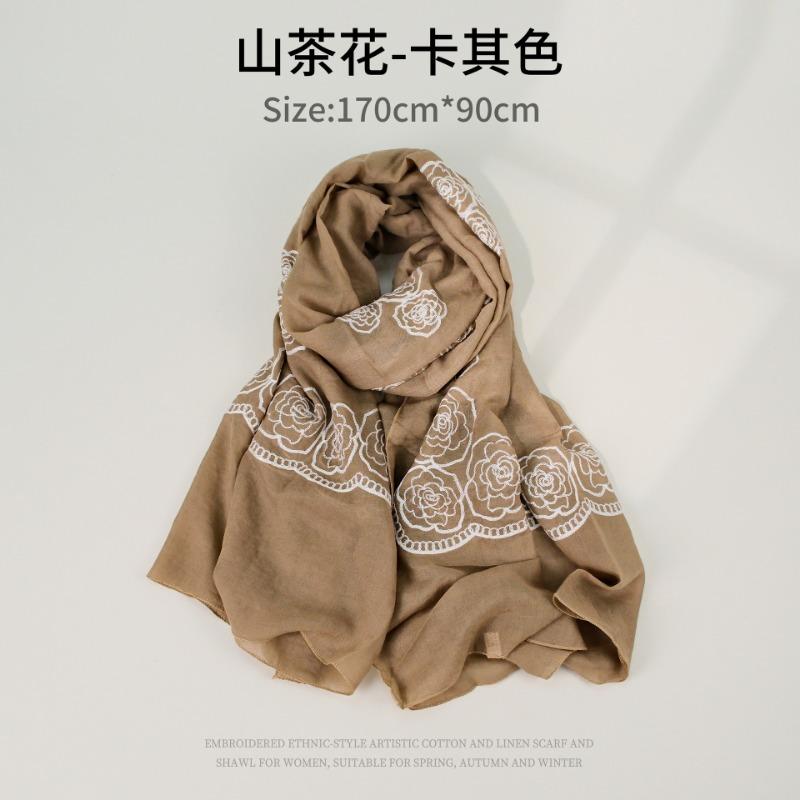 Women S Camellia Embroidered Scarf Polyester Shawl For Travel Sun Protection
