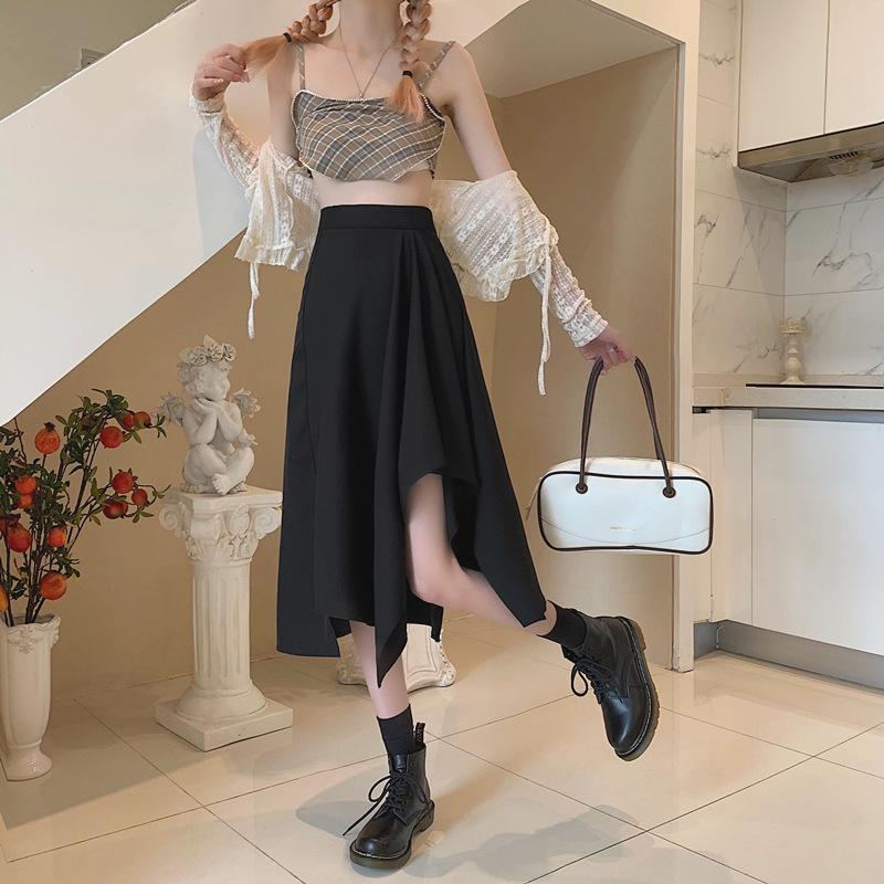 High Waist Irregular A-Line Midi Skirt - Summer Draping Slit for Petite Women