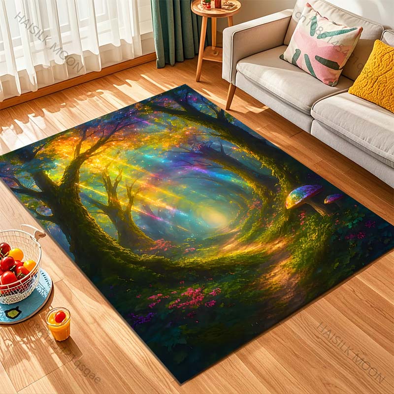 1PC Enchanted Rainbow Forest Path Print Carpet Rug for Living Room Bedroom Sofa Doormat Home Decor Non-slip Floor Mat