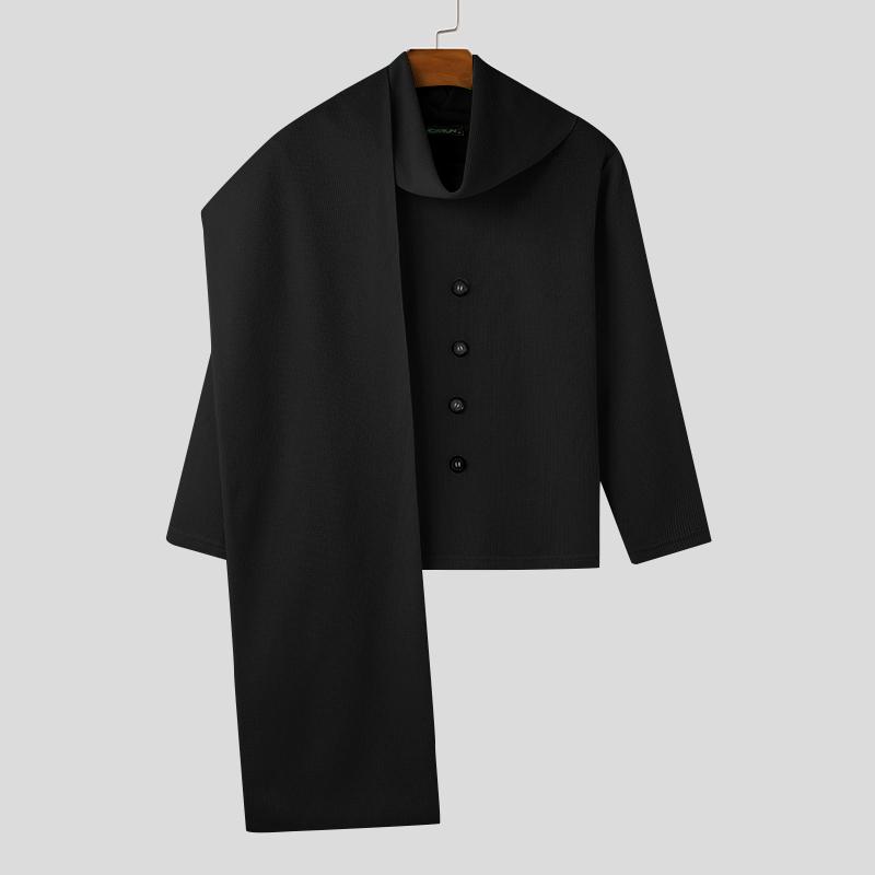 

INCERUN Мужской свитер с воротником-хомутиком и длинным рукавом, вязаный свитер, повседневная шаль на плечах, короткие свитера L чёрный