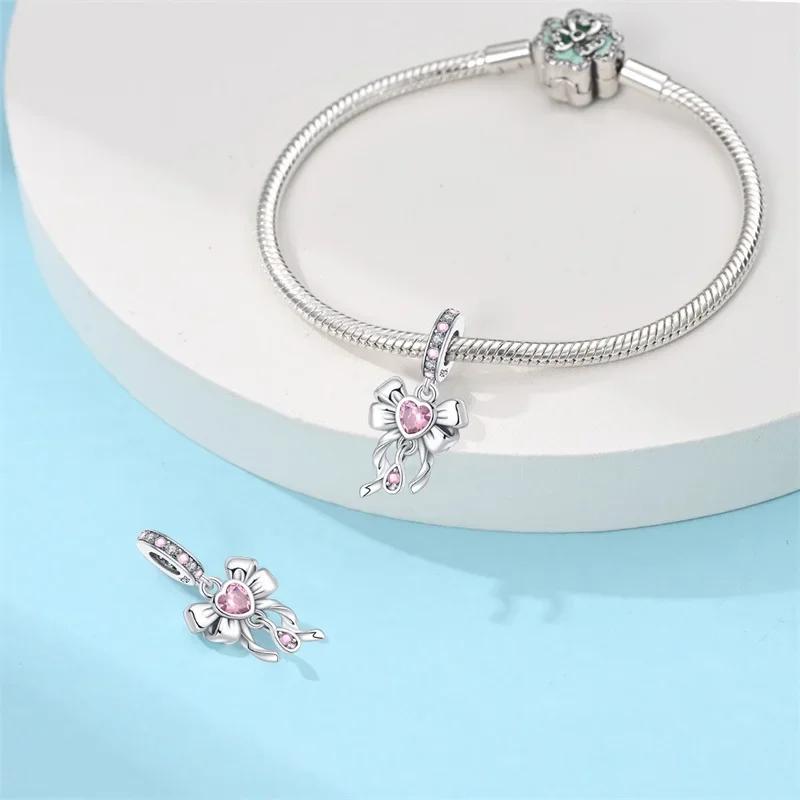 925 Silver Pink Bow Girl Heart Pendant Charms Fits 3mm 925 Original Bracelet Necklace Womens Fine DIY Jewelry Gifts 2025 New in