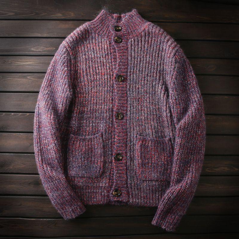 

Heavyweight Item! Mohair + Wool Italian Single-Layer Men s Autumn and Winter Stand-Up Collar Thickened Sweater Knitted Cardigan Jacket Red, Blue, White M (65-75kg)